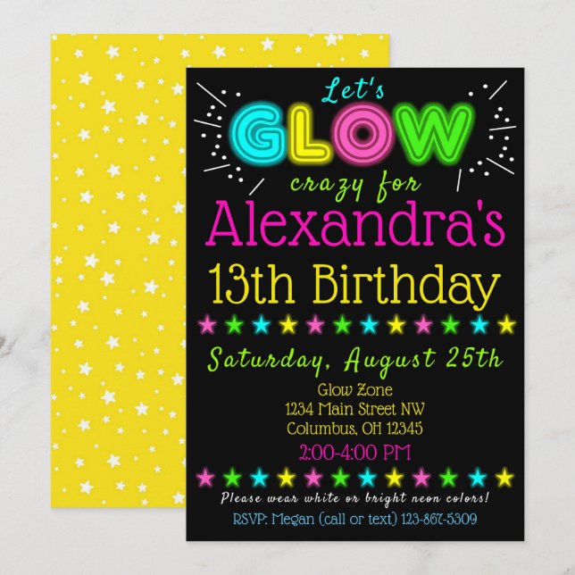 Neon Glow im Dunklen Kindergeburtstag Party Einlad Einladung (Vorne/Hinten)