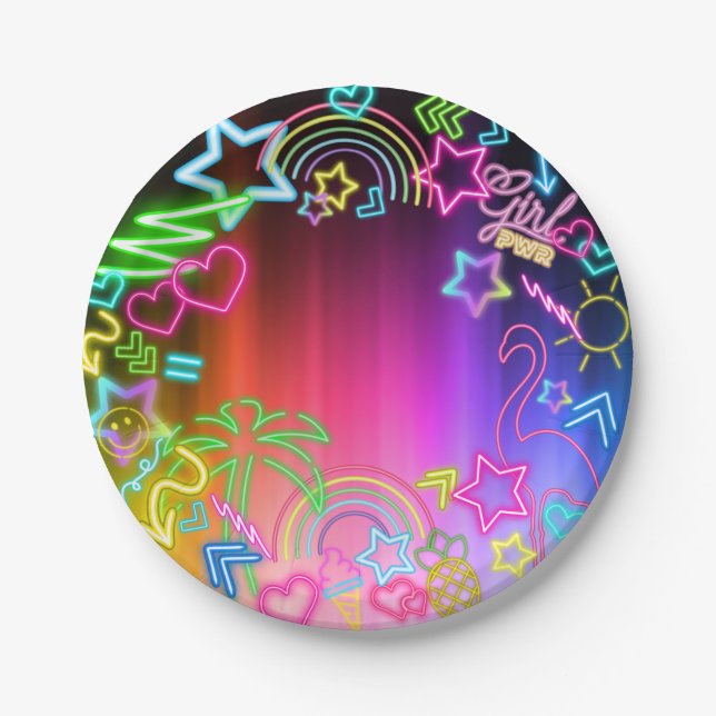 Neon Glow in Dark, Rainbow Cheetah Print Pappteller (Vorderseite)