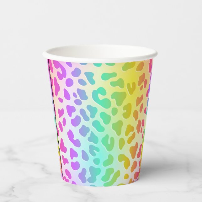 Neon Glow in Dunkel, Regenbogen Cheetah Print Cup Pappbecher (Vorderseite)
