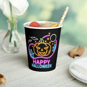Neon-Glow-Look Halloween-Kürbis-Fledermäuse-Netz M Pappbecher