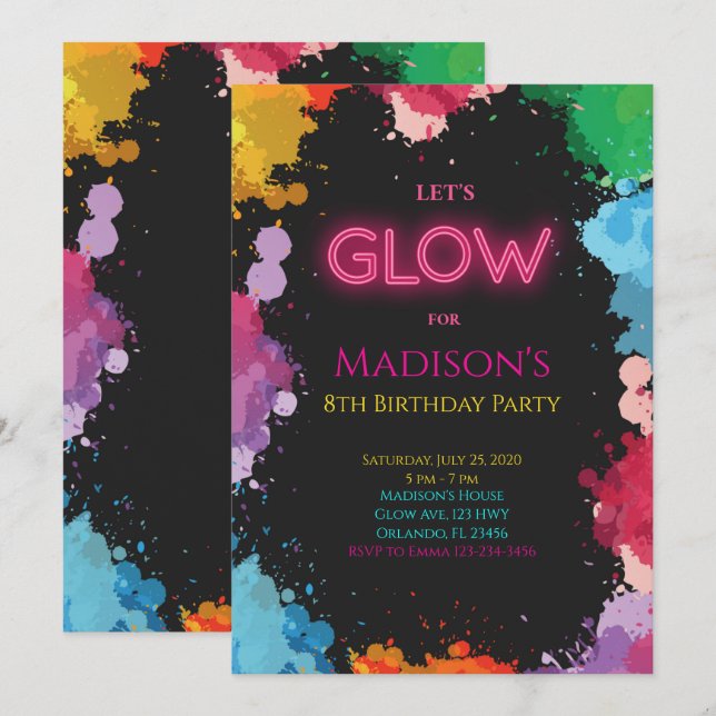 Neon Glow Painting Einladung zum Geburtstag (Vorne/Hinten)