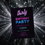 Neon Glow Pink Aquamarin Black Disco 30. Geburtsta Einladung<br><div class="desc">Eine moderne, elegante und schicke Party Einladung zum 30. Geburtstag mit einem Neonthema, mit einem Neonschild für den Titel "Geburtstagsparty", moderner Typografie und einem stimmungsvollen schwarzen, lila und rosa Hintergrund. Eine schöne Wahl für eine 30-jährige Geburtstagsparty mit vielen Neonsticks, Neongläsern, Diskotheken und Dekorationen aus den 80er und 90er Jahren, eine...</div>