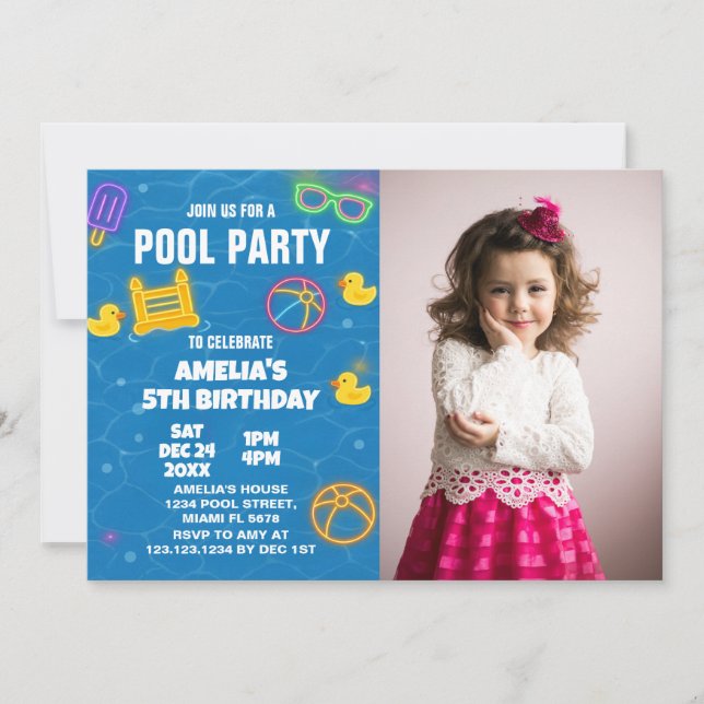 Neon Glow Pool Bash Invitation avec photo (Devant)