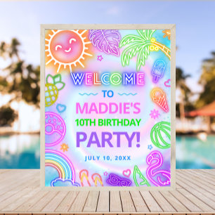 Neon-Glow-Poolparty-Geburtstags-Willkommensschild Poster