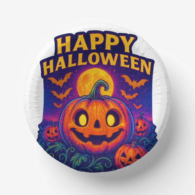 Neon Glow Pumpkin "Happy Halloween" Pappteller (Vorderseite)