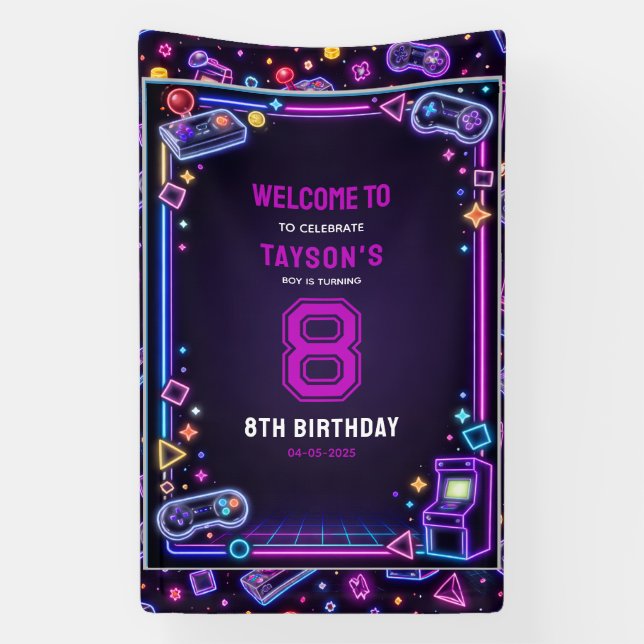 Neon Glow Retro Arcade Gaming 8th Birthday Banner (Vertikal)