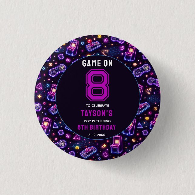 Neon Glow Retro Arcade Gaming 8th Birthday Button (Vorderseite)