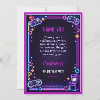 Neon Glow Retro Arcade Gaming 8th Birthday Dankeskarte