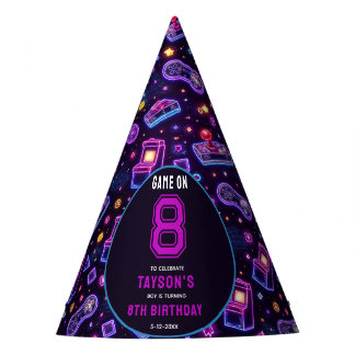 Neon Glow Retro Arcade Gaming 8th Birthday Partyhütchen