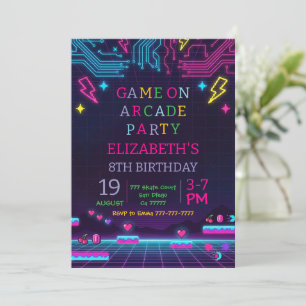 Neon-Glow-Retro-Arcade-Gaming-Birthday-Party Einladung