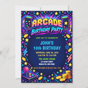 Neon-Glow-Retro-Arcade-Gaming-Birthday-Party Einladung