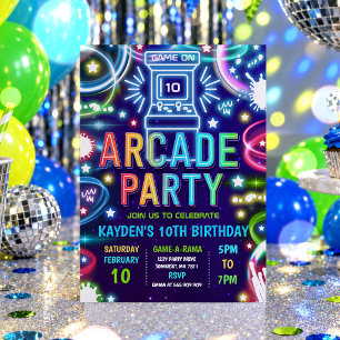 Neon-Glow Retro-Arcade-Gaming-Birthday-Party Einladung