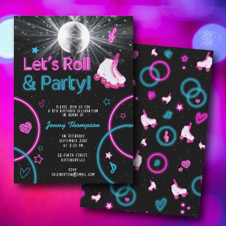 Neon Glow Roller Skaten Let's Roll Birthday Party Einladung