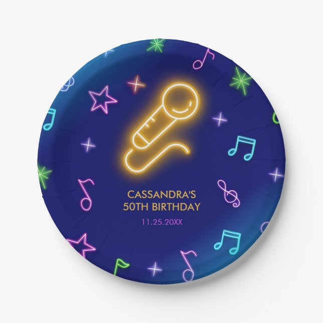 Neon Glow Singing Karaoke Birthday Pappteller (Vorderseite)