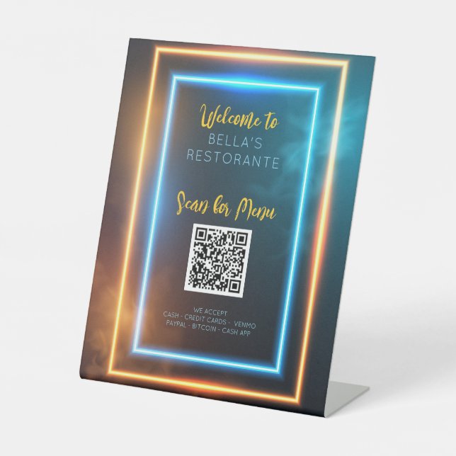 Neon Glows Menu Restaurant QR Code Table Sign Sockelschild (Vorderseite)