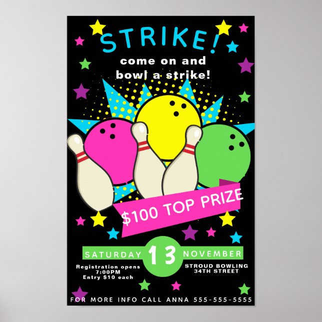 Neon-Glühen Bowling Nacht Flyer, Bowling-Turnier Poster (Vorne)