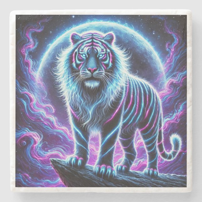 Neon Glühen Tiger Marmor Stone Untersetzer Design. (Vorderseite)