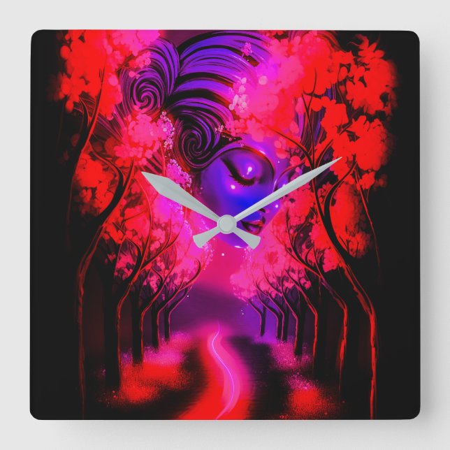 Neon Goddess in Enchanted Forest Quadratische Wanduhr (Vorderseite)