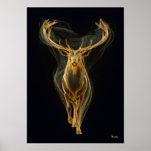 Neon-Goldener-Hirsch-Futuristische-Filament-Wandku Poster
