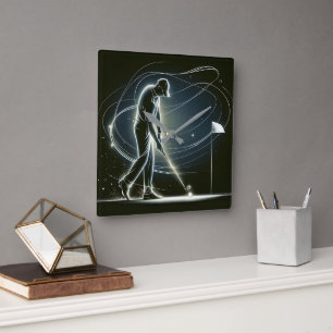 Neon-Golfer beim Einlochen des Balls Quadratische Wanduhr