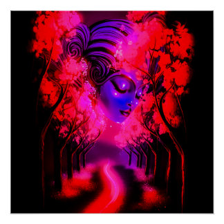 Neon-Göttin im verzauberten Wald Poster