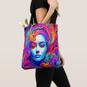 Neon-Göttin mit fließendem kosmischen Haar Tasche