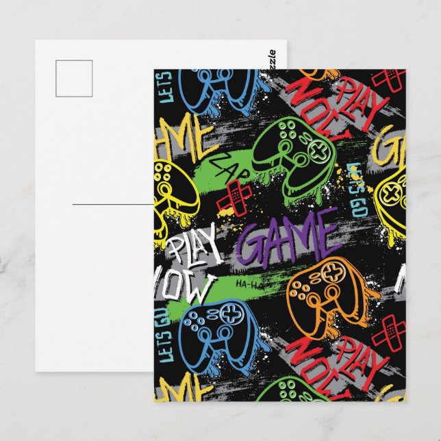 Neon-Graffiti-Gaming-Muster Postkarte (Vorne/Hinten)