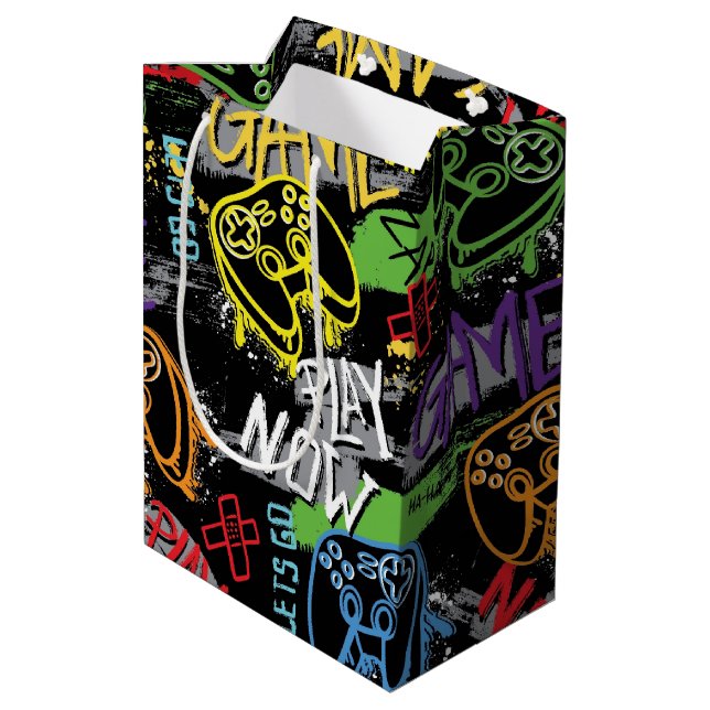 Neon Graffiti Gaming Pattern Mittlere Geschenktüte (Rückseite Schrägansicht)