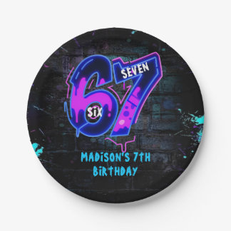 Neon Graffiti Six Seven 7th Birthday Paper Plate Pappteller