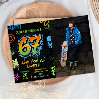 Neon Graffiti Six Seven Kids 7th Birthday Photo Einladung