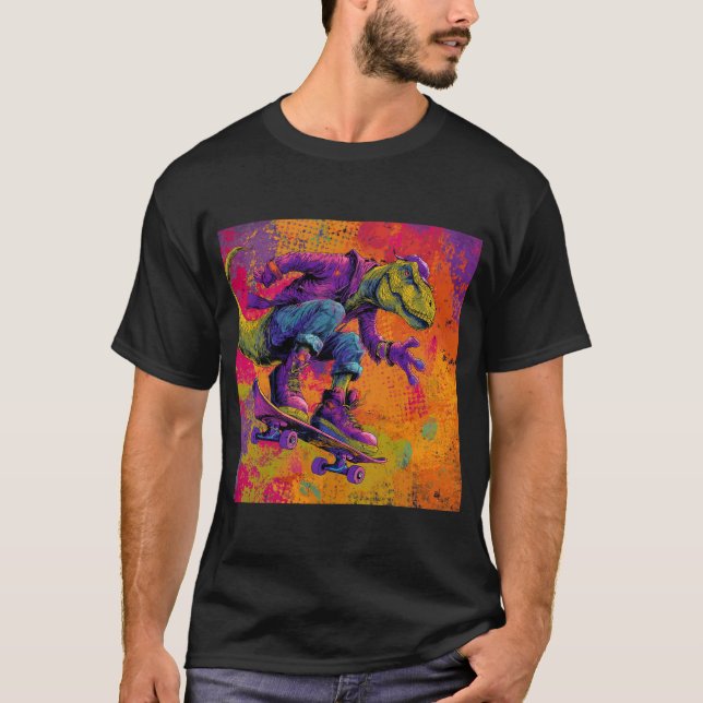 Neon Graffiti T-Rex Skate Trick T-Shirt (Vorderseite)
