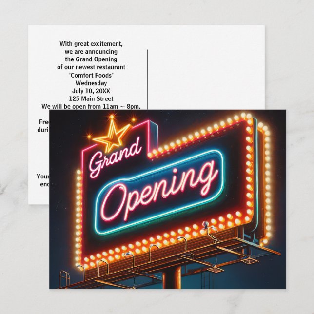 Neon Grand Opening-Reklametafeln für neue Geschäft Postkarte (Vorne/Hinten)