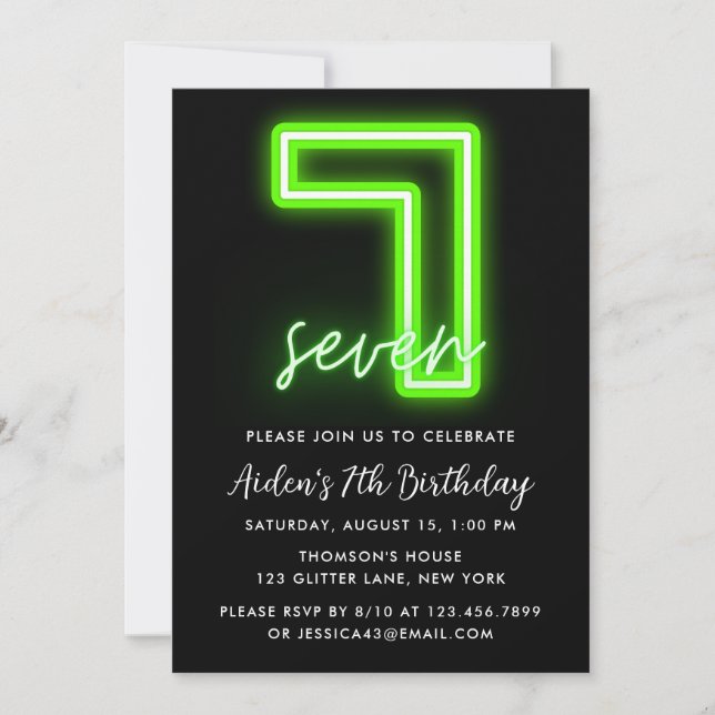 Neon Green 7th Birthday Invitation (Devant)