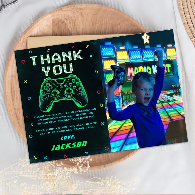Neon Green Arcade Video Game Birthday Foto Dankeskarte (Von Creator hochgeladen)