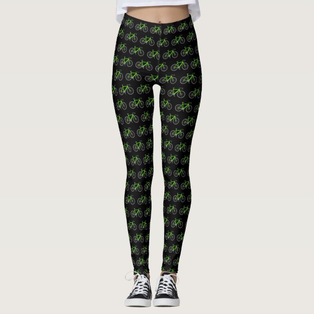 Neon Green Bikes auf schwarz Leggings (Vorderseite)