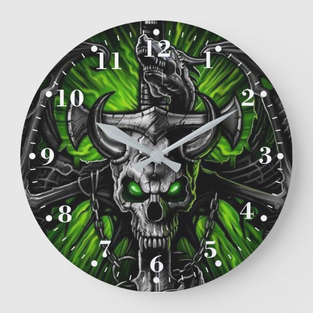 Neon Green Black Gothic Skull Winged Monster Große Wanduhr (Vorderseite)
