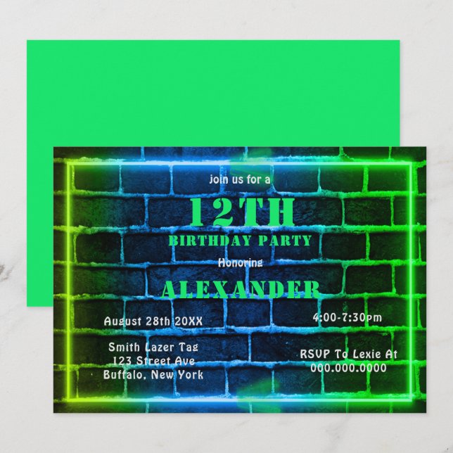 Neon Green Bleu brique 12e anniversaire Invitation (Devant / Derrière)