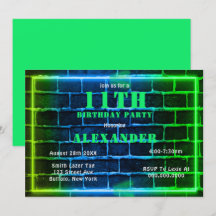 Neon Green Blue Brick 11. Geburtstagsparty Einladu