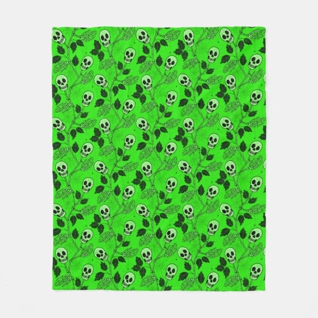 Neon Green Floral Gothic Skull  Fleecedecke (Vorderseite)