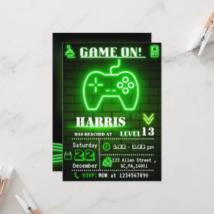 Neon Green Gamer Invitation de fête d'anniversaire