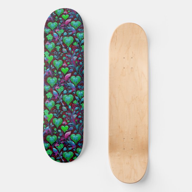 Neon Green Heart und Lila Blüten Skateboard (Vorderseite)