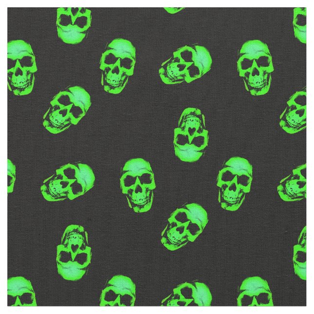 Neon Green Human Skull Muster auf Schwarz Stoff (Nahaufnahme)