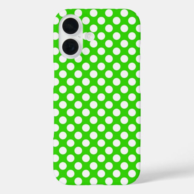 Neon Green mit weißen Polka-Punkten iPhone 16 Hülle (Rückseite)