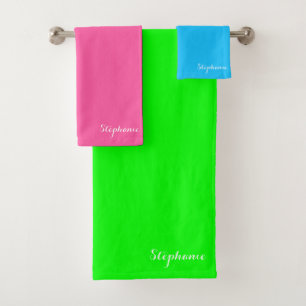 Neon Green Pink Blue Name Retro Elegantes Monogram Badhandtuch Set