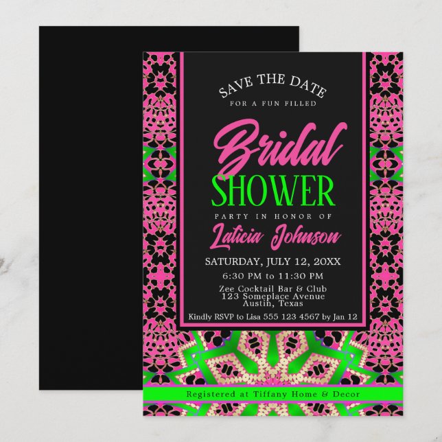 Neon Green + Pink Dance Party Brautparty Einladung (Vorne/Hinten)