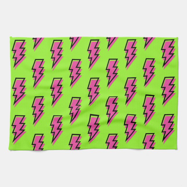 Neon Green & Pink Lightning Bolt Pattern der 90er  Handtuch (Horizontal)