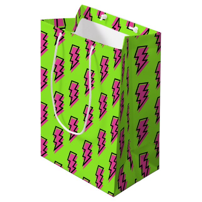 Neon Green & Pink Lightning Bolt Pattern der 90er  Mittlere Geschenktüte (Vorderseite Schrägansicht)