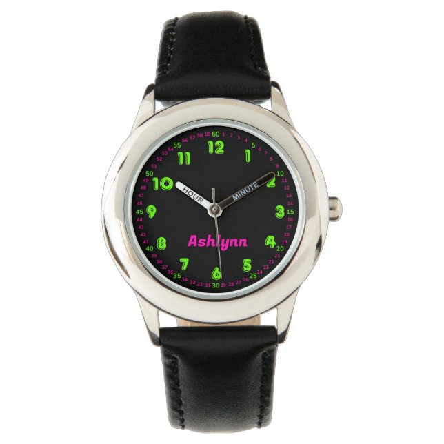 Neon Green & Pink Time-Teaching Kids Learning  Armbanduhr (Vorderseite)