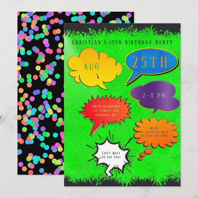 Neon Green Speech Bubble Boy Girl Birthday Party Einladung (Vorne/Hinten)