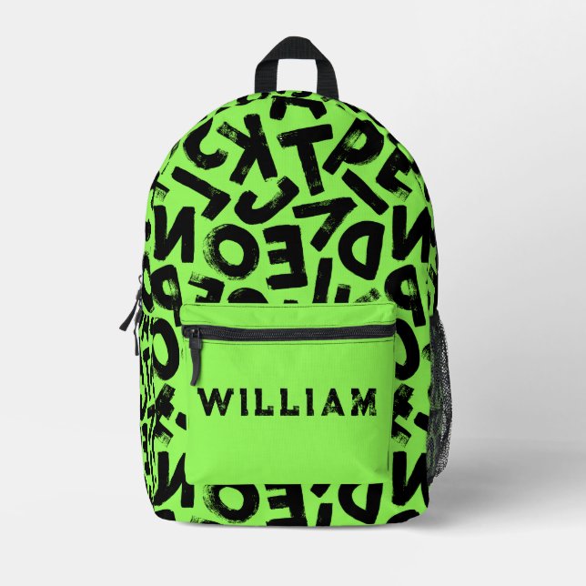 Neon Green und Black Grunge Graffiti Letters Cool Bedruckter Rucksack (Vorderseite)